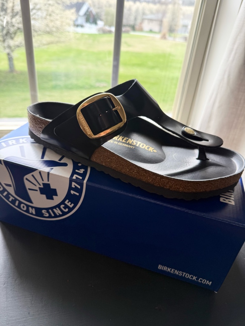 Birkenstock Black Gizeh Sandal with Gold Buckle Accent New